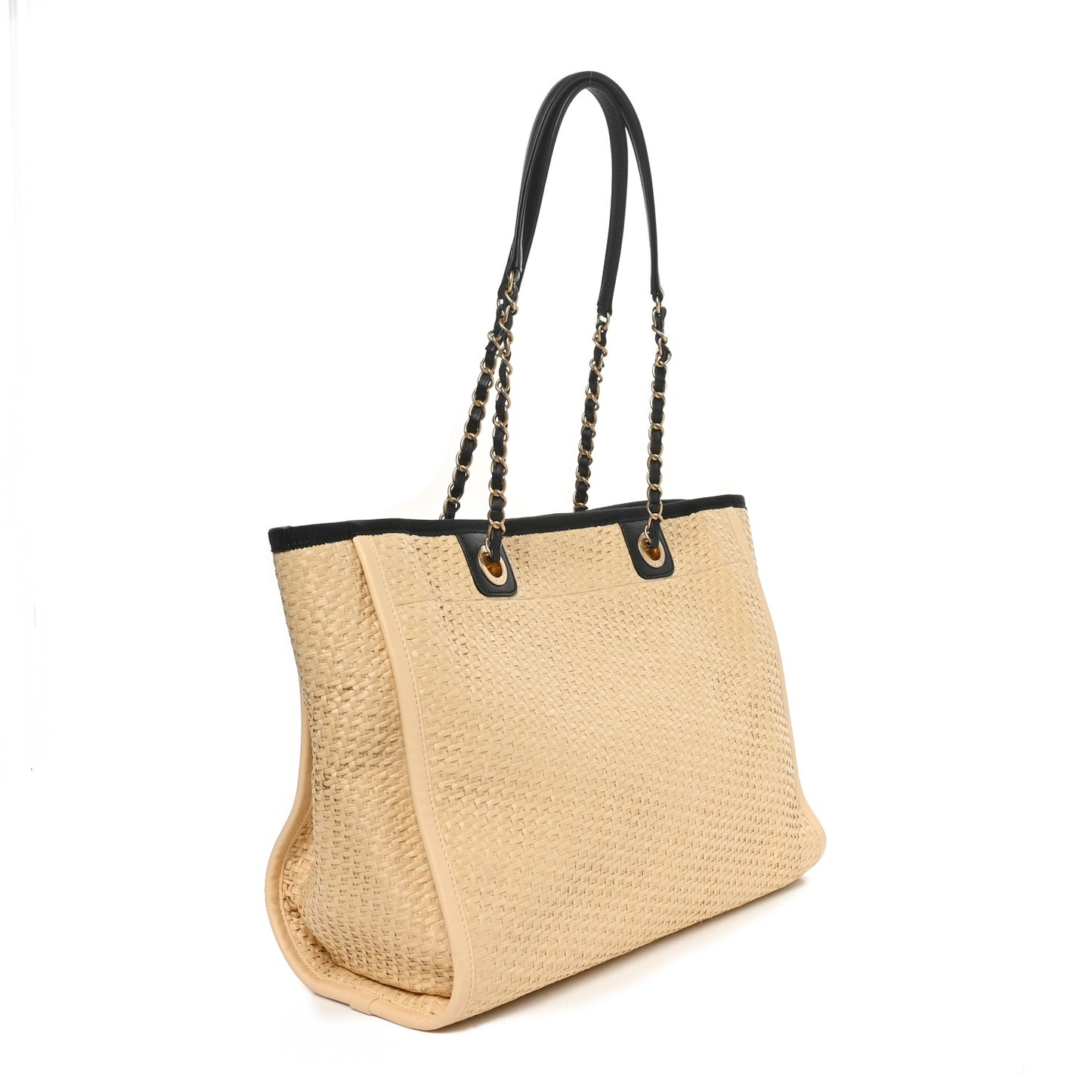 Straw Raffia Calfskin Chain Small Deauville Tote Beige Black