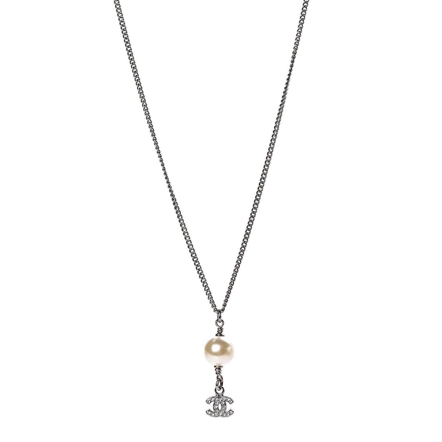 Crystal Pearl CC Drop Necklace Silver