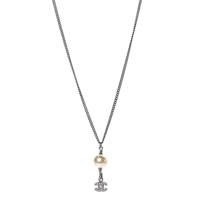 Chanel Crystal Pearl CC Drop Necklace Silver 1 of 5