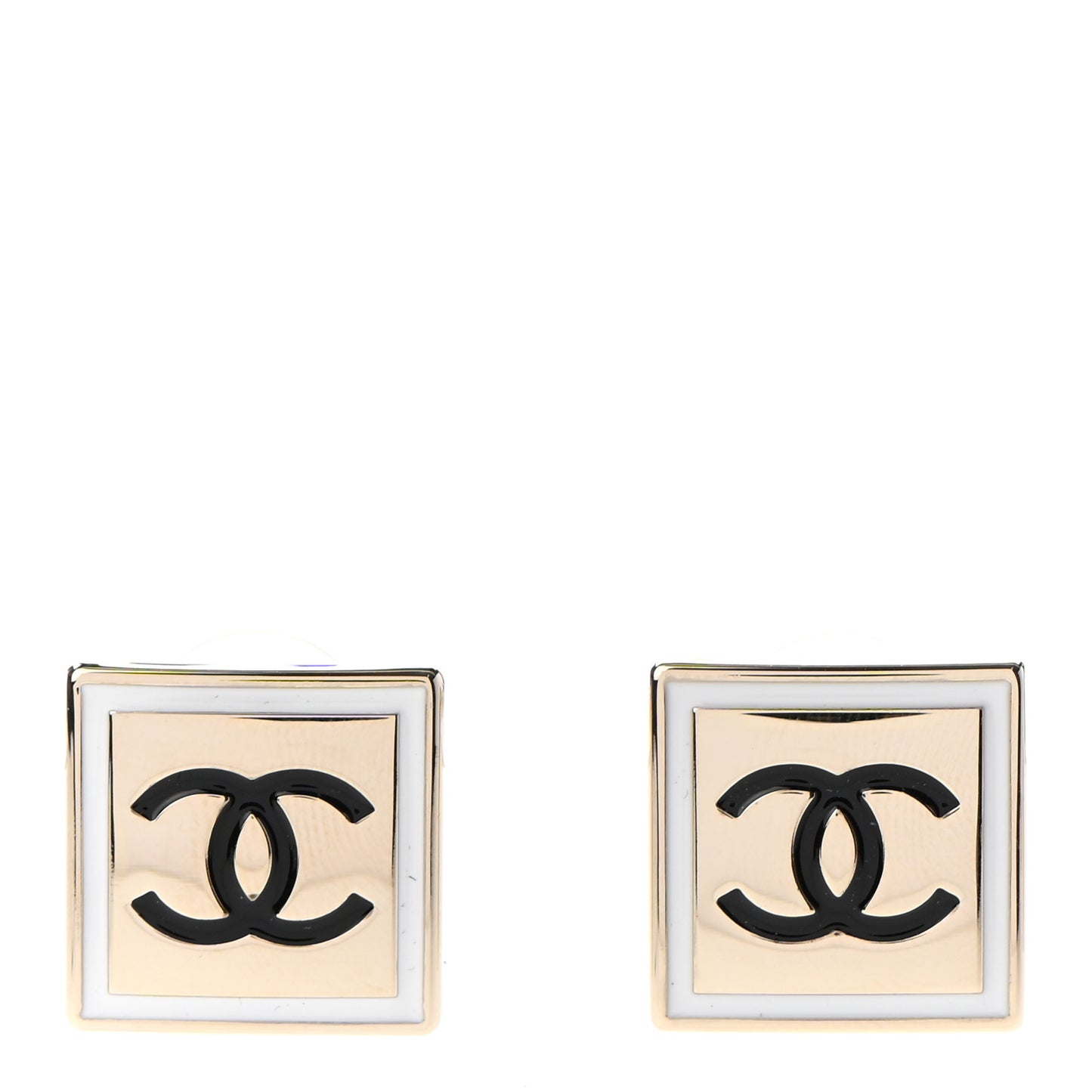 Metal Enamel CC Square Earrings Gold Black White