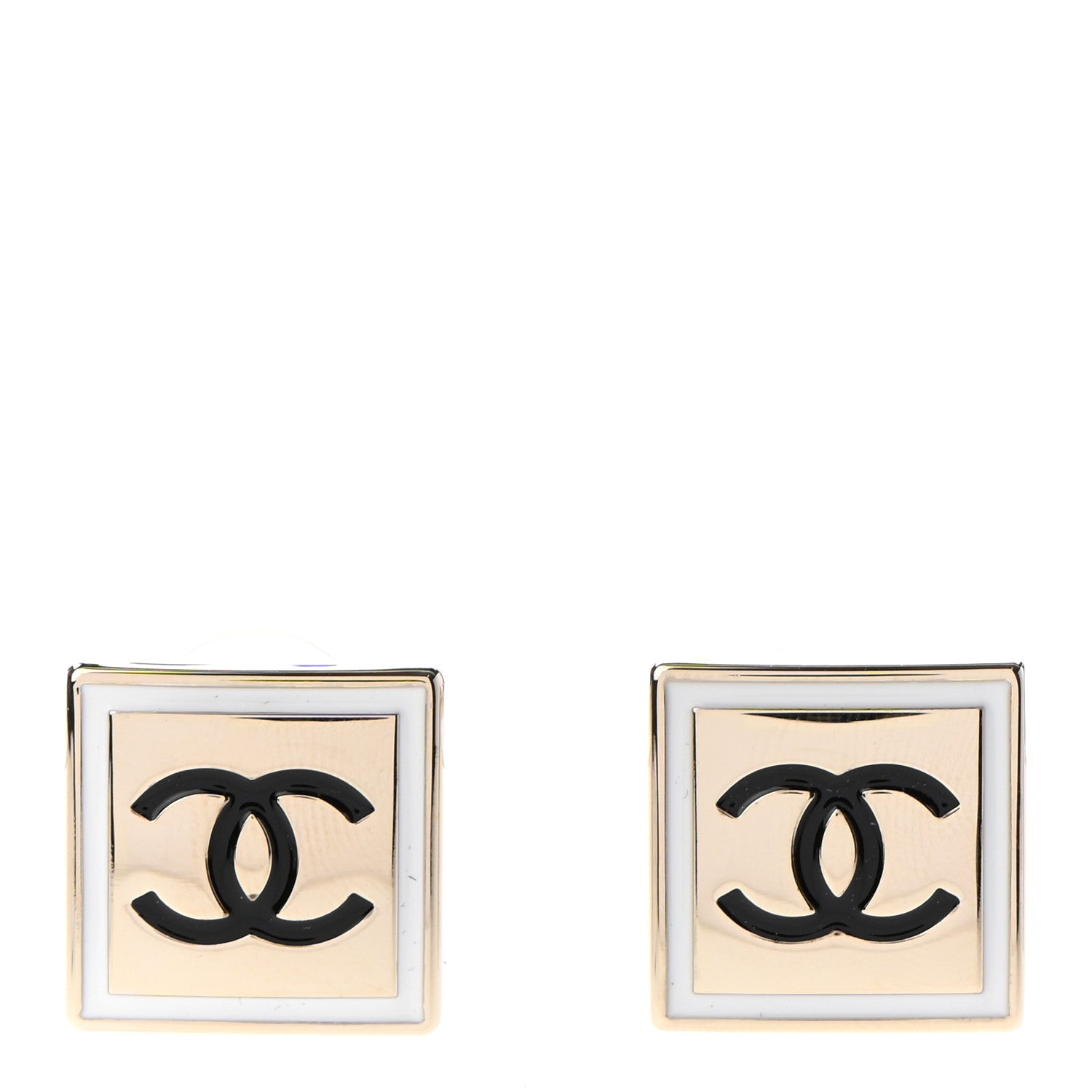 Chanel Metal Enamel CC Square Earrings Gold Black White 1 of 4