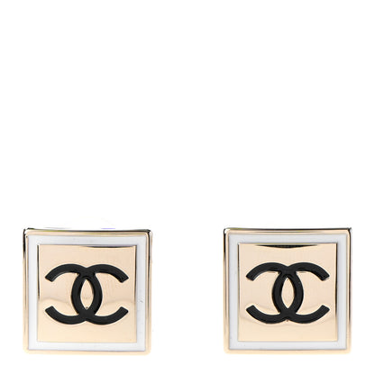 Chanel Metal Enamel CC Square Earrings Gold Black White 1 of 4