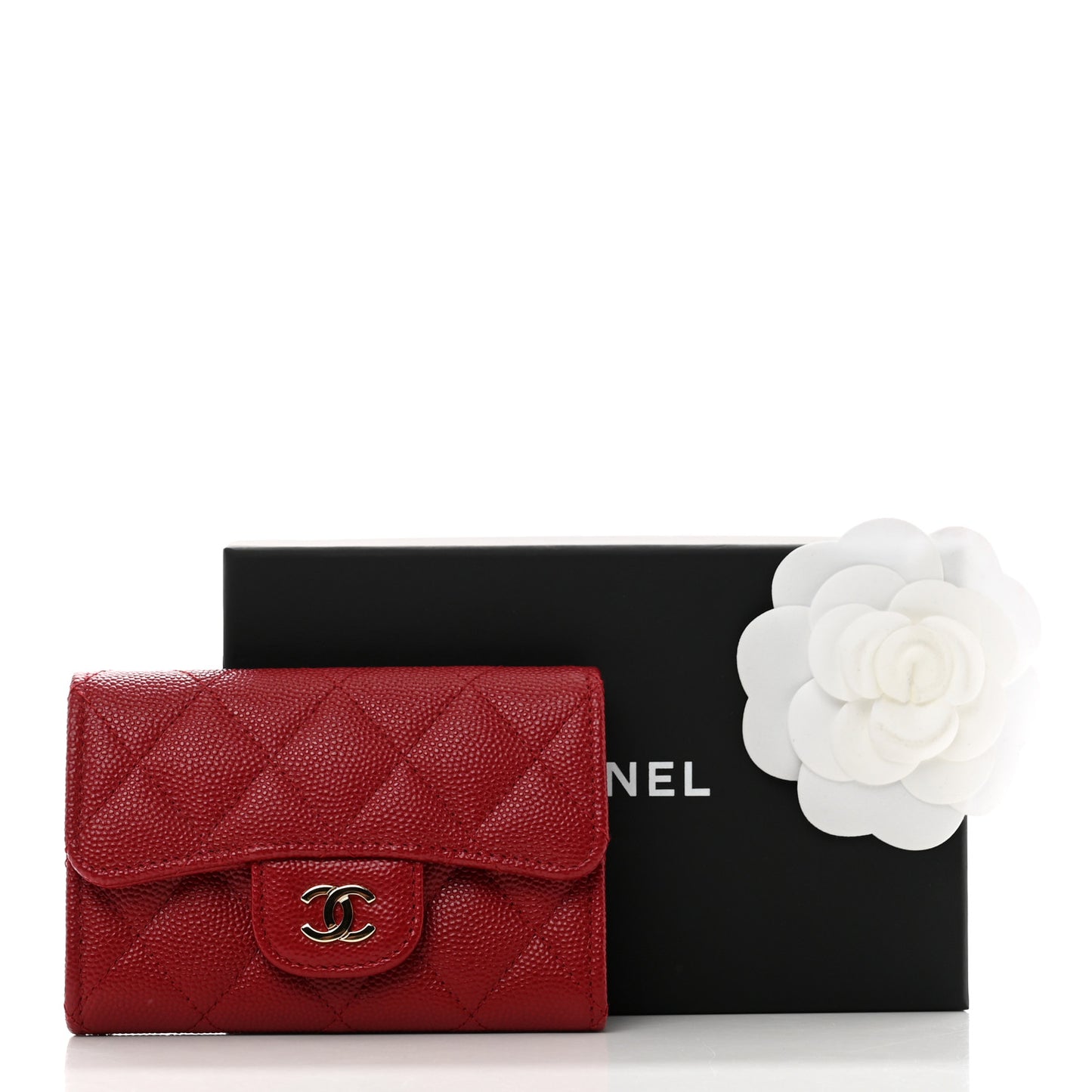 Caviar Quilted Flap Card Holder Wallet Dark Red
