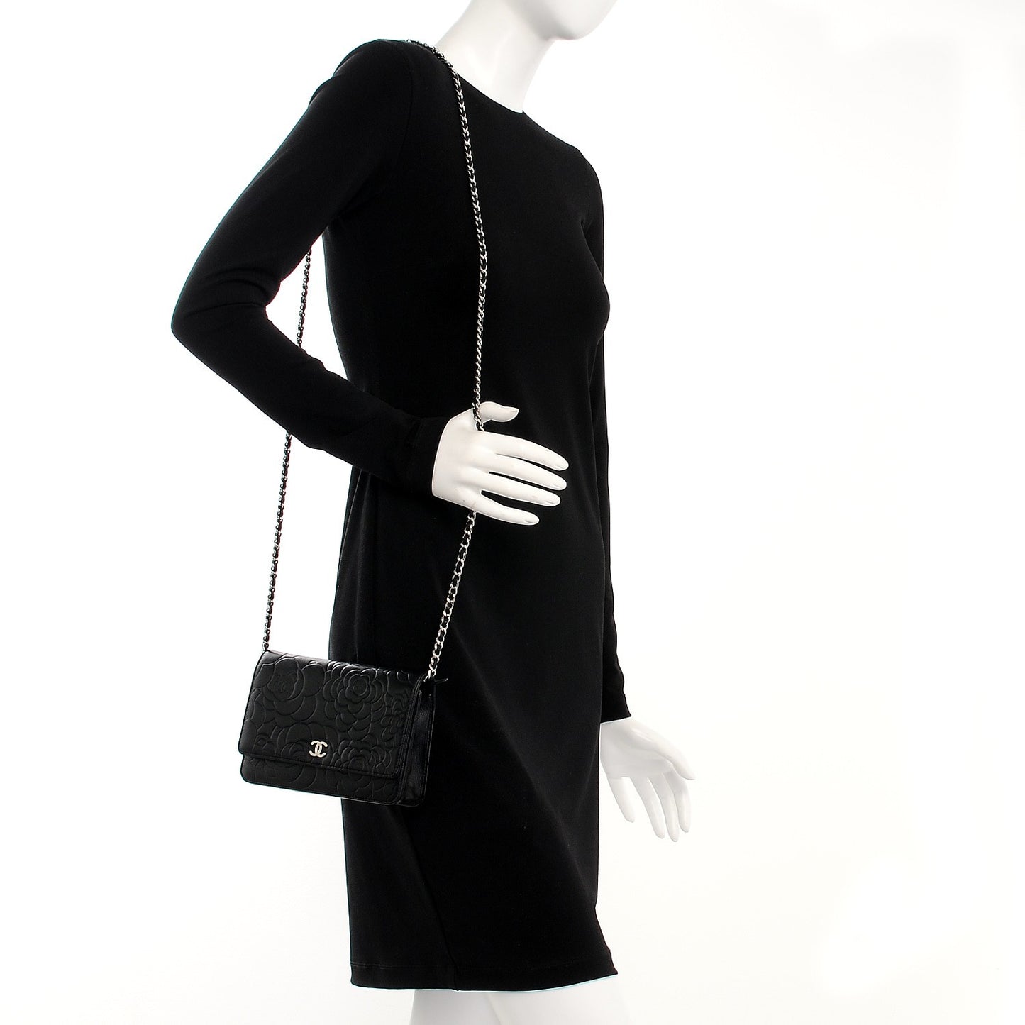 Lambskin Camellia Embossed Wallet On Chain WOC Black