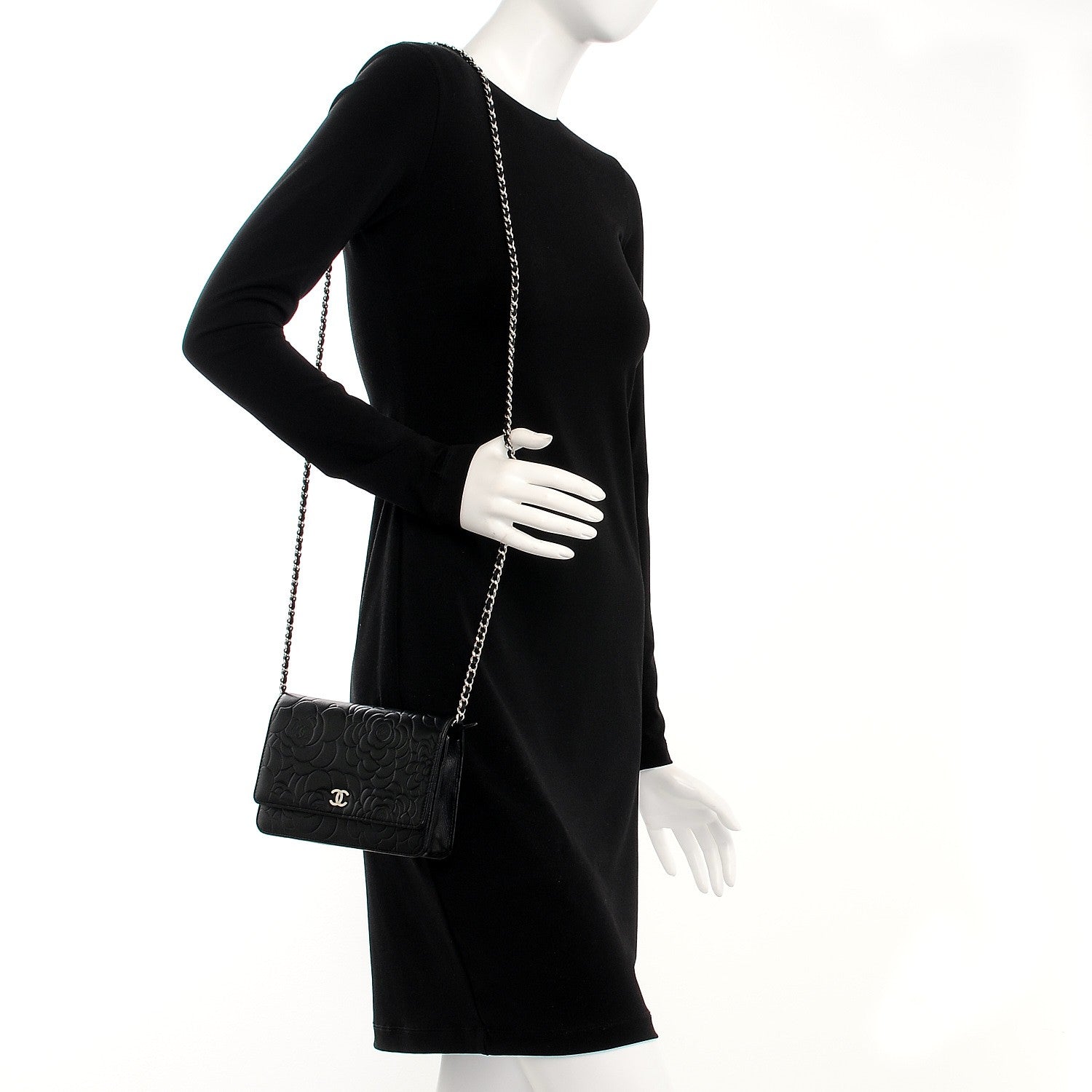 Chanel Lambskin Camellia Embossed Wallet On Chain WOC Black 2 of 8