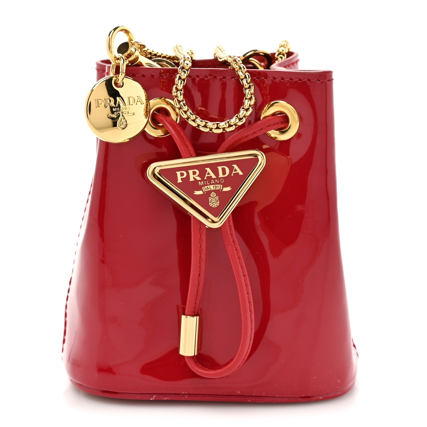 Prada Vernice Metal Triangle Logo Mini Drawcord Pouch Shoulder Bag Cherry 1 of 10