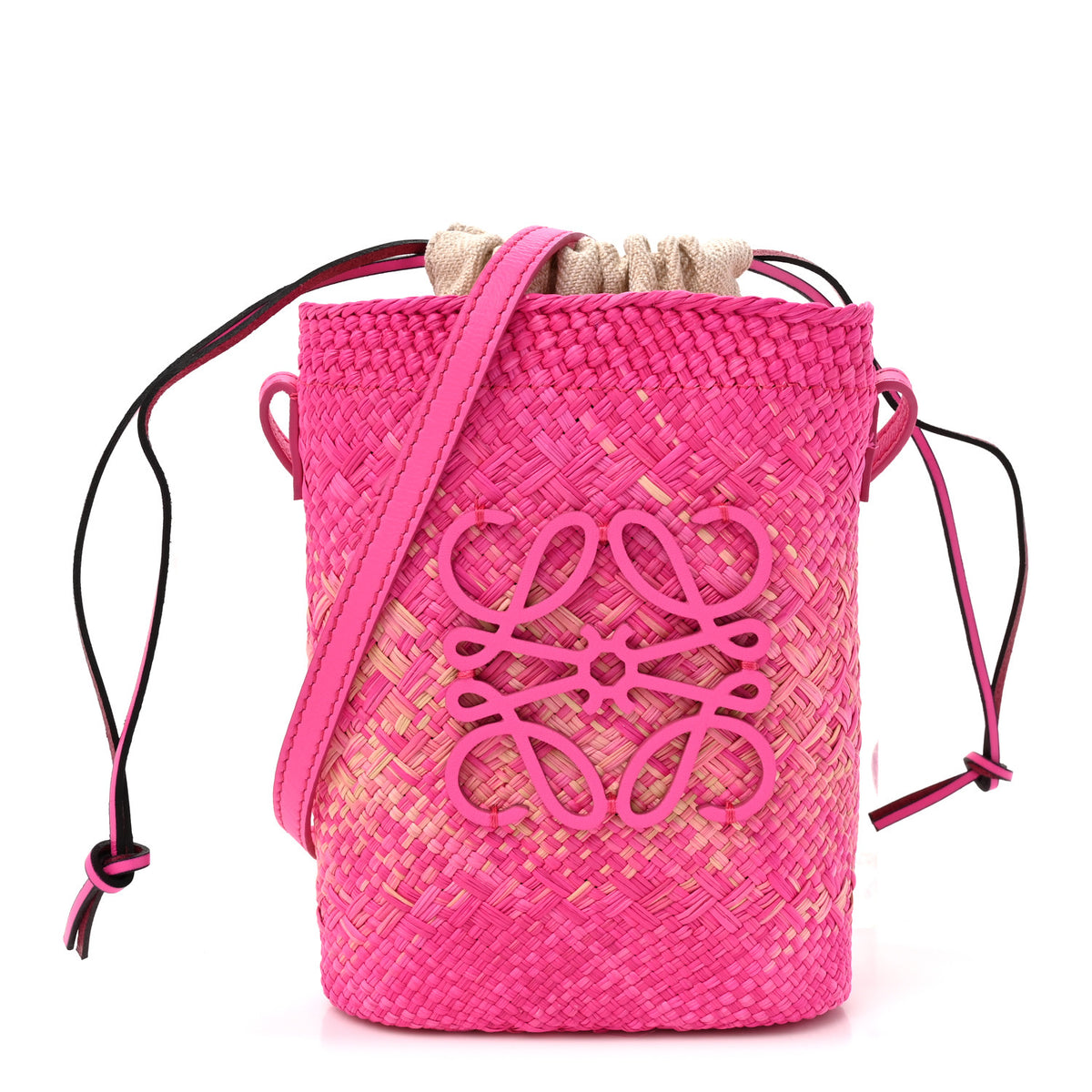 Loewe Iraca Palm Calfskin Anagram Square Pocket Bucket Bag Natural Fuchsia 1 of 9