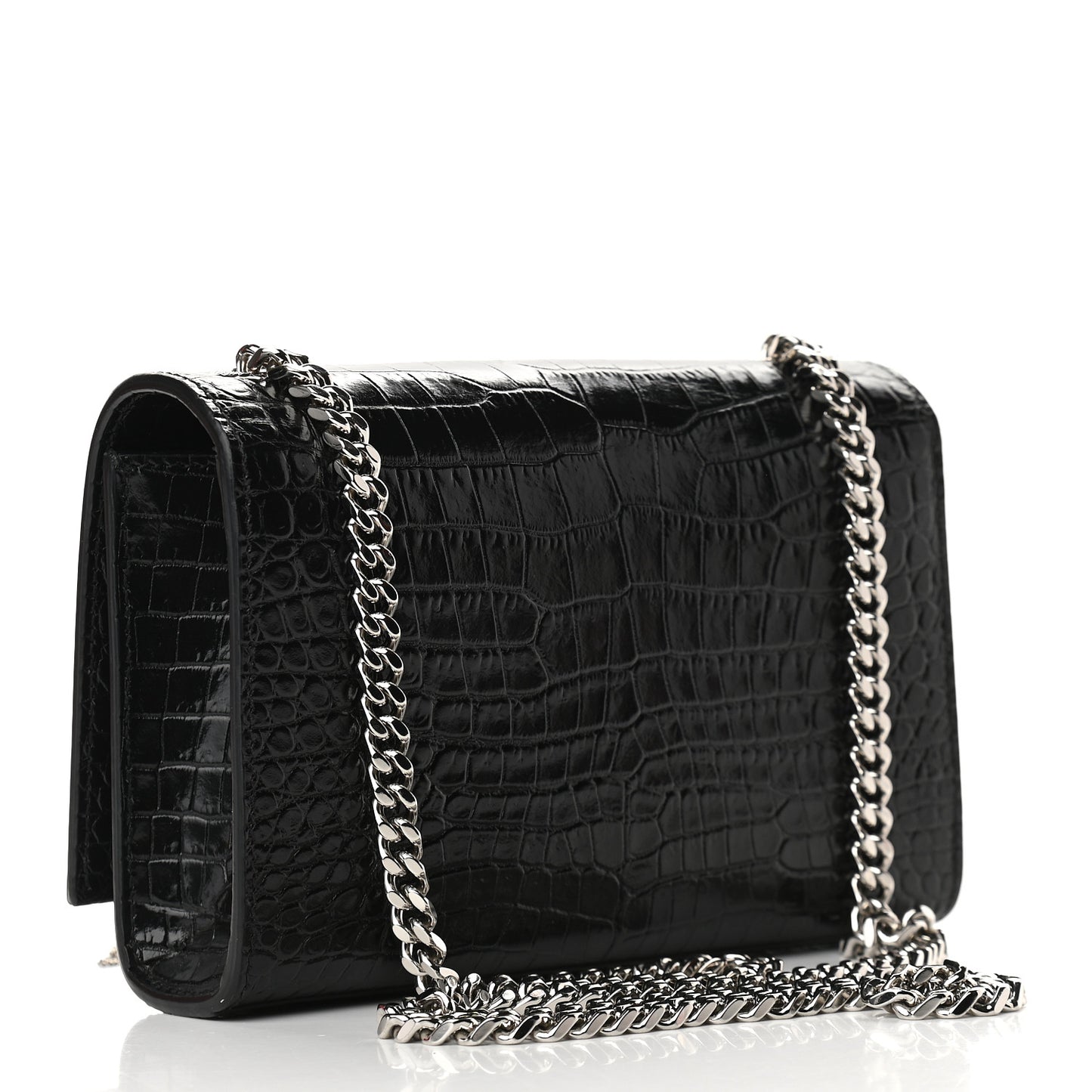 Calfskin Crocodile Embossed Small Classic Monogram Kate Tassel Satchel Black