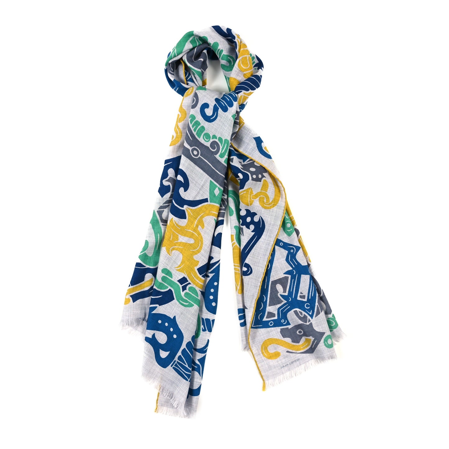 Cashmere Silk Garden of Harnesses Rectangle Scarf Gris Chine Jaune Vert