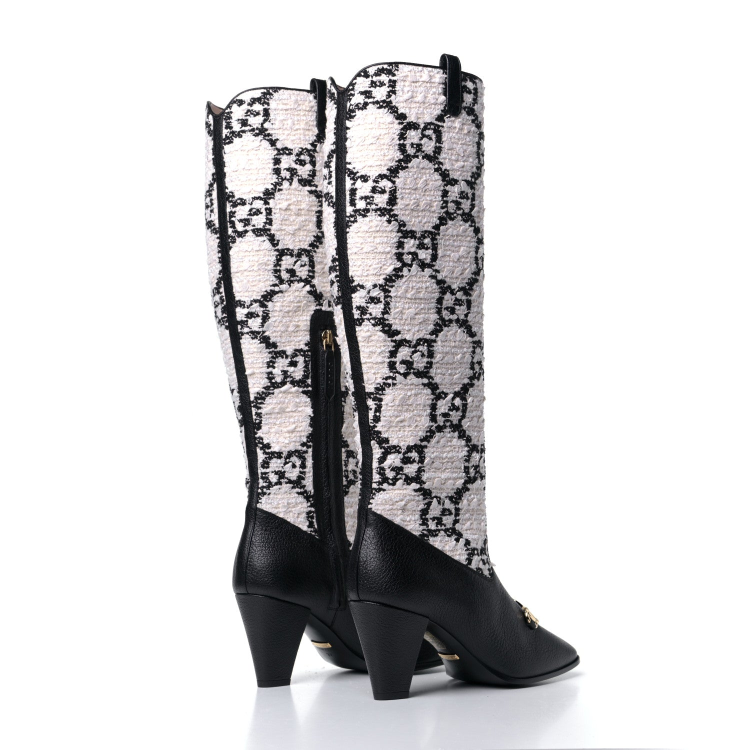 Gucci Tweed GG Monogram Wrinkled Kid Zumi Knee Boots 37 Natural Black 3 of 7