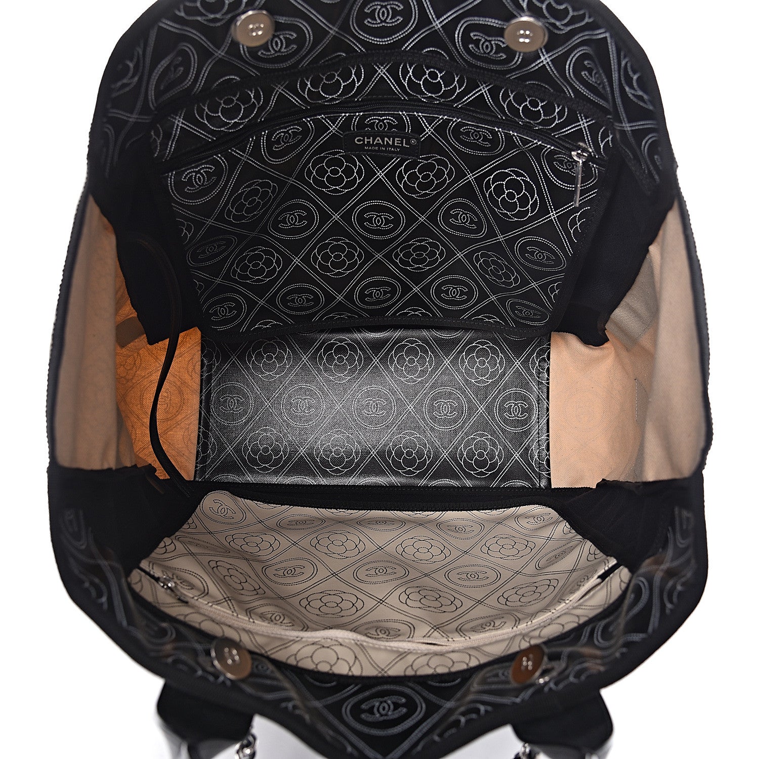 Chanel Coated Canvas Camellia Medium Shopping Tote Black Beige 5 of 14