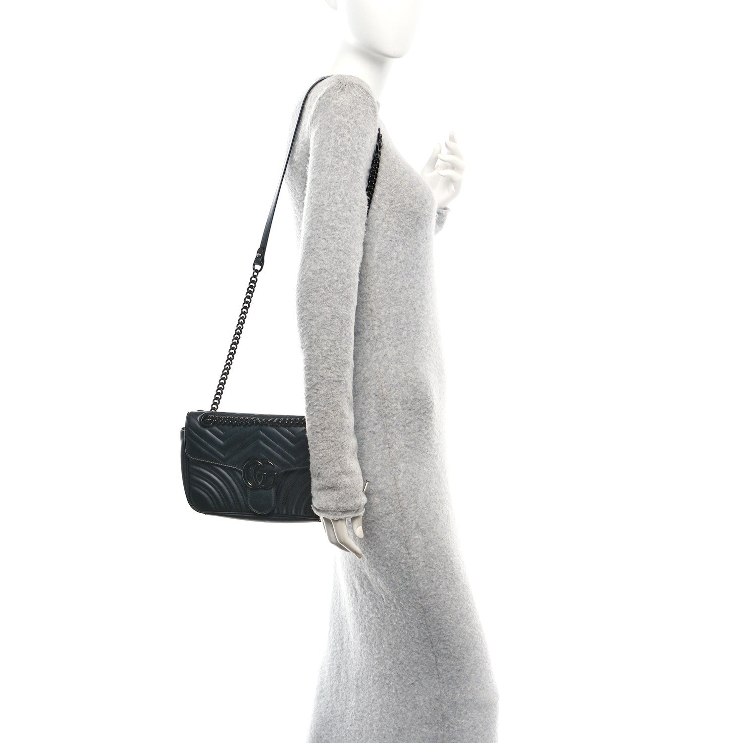 Gucci Calfskin Matelasse Monochrome Small GG Marmont Shoulder Bag Black 2 of 9