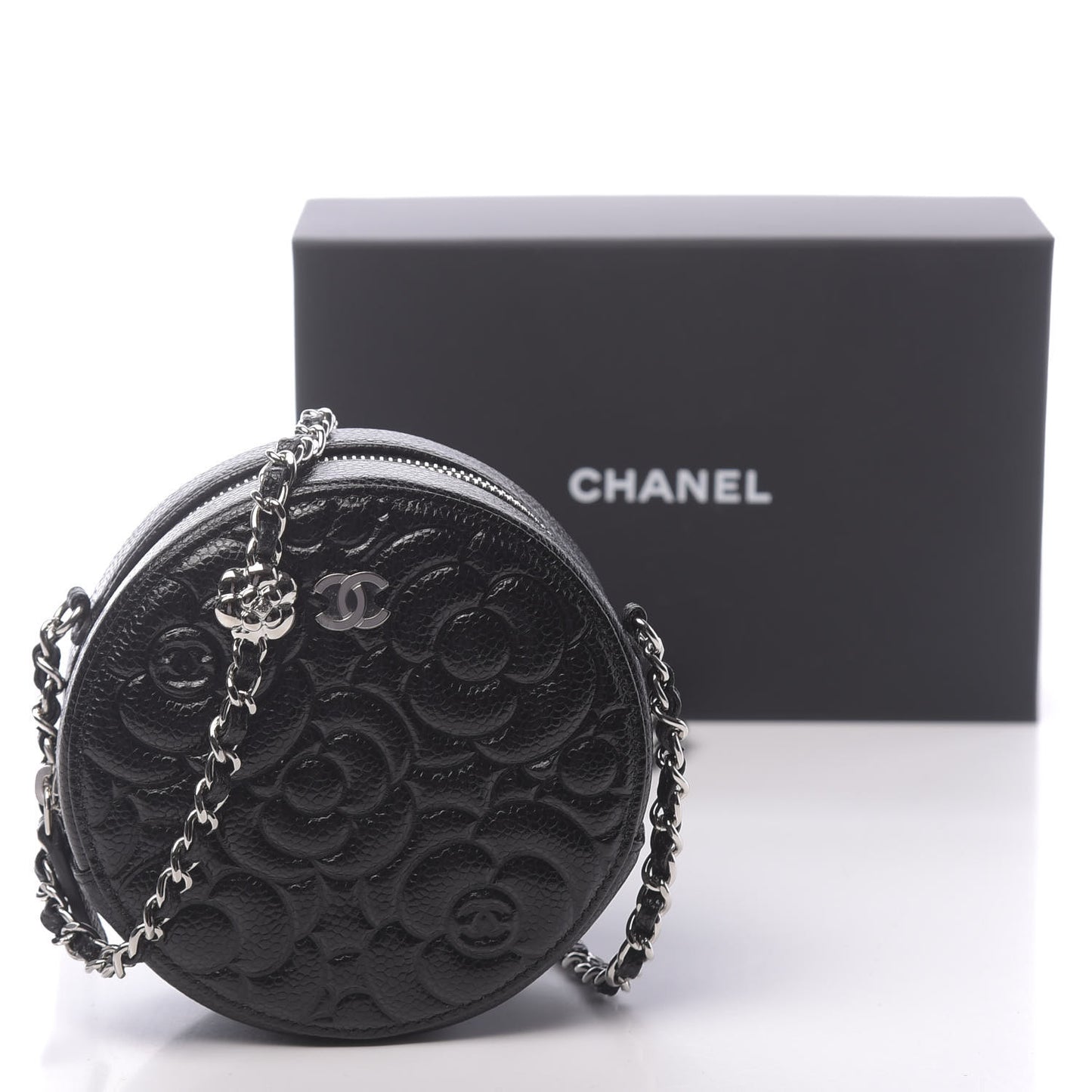 Caviar Camellia Embossed Round Clutch With Chain Black