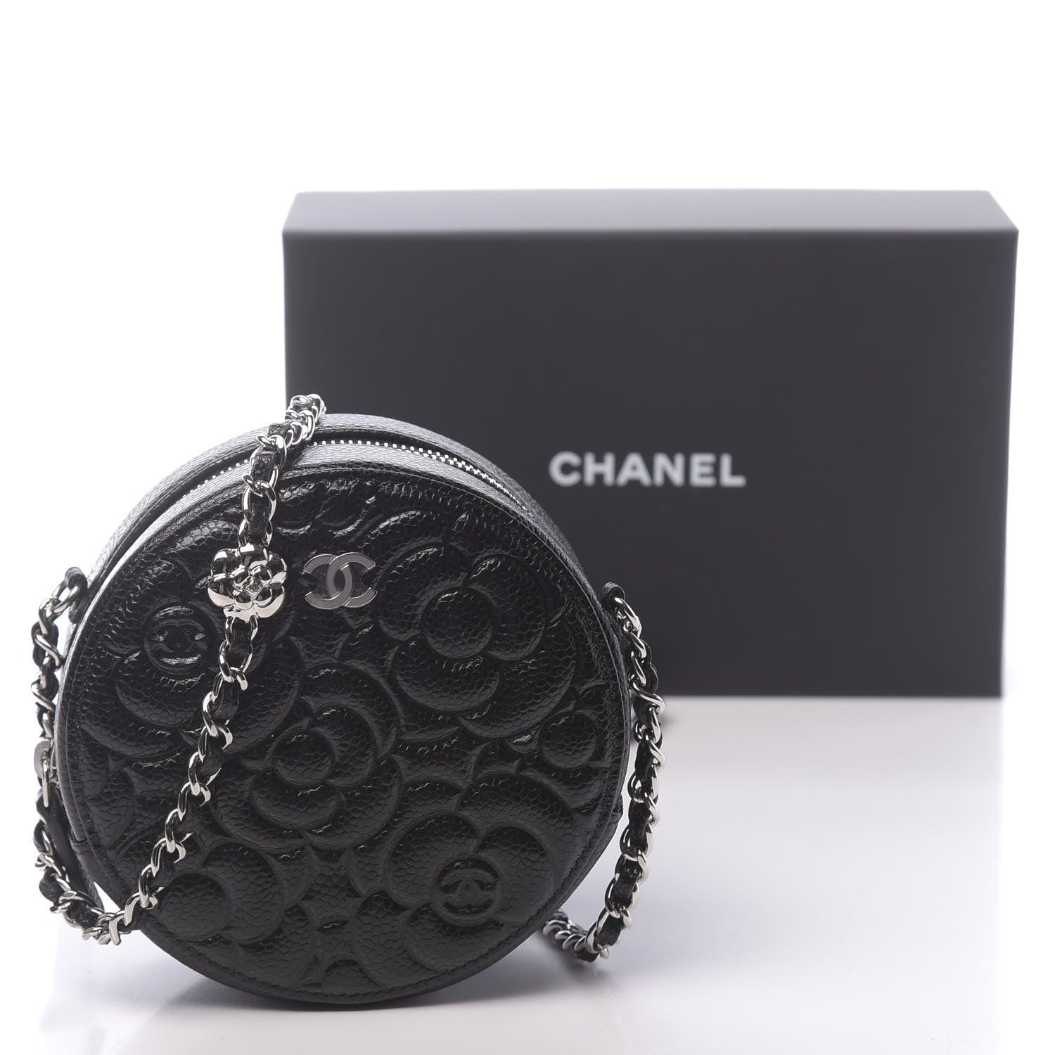Chanel Caviar Camellia Embossed Round Clutch With Chain Black 11 of 11