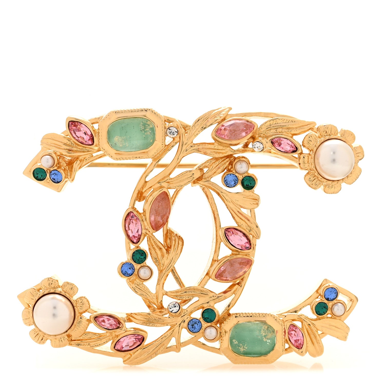 Chanel Crystal Pearl CC Leaf Brooch Gold Multicolor 1 of 4