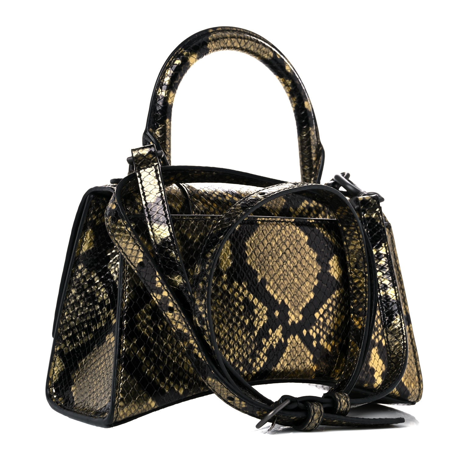 Balenciaga Shiny Calfskin Snakeskin Embossed Hourglass Top Handle Bag XS Gold Black 3 of 12