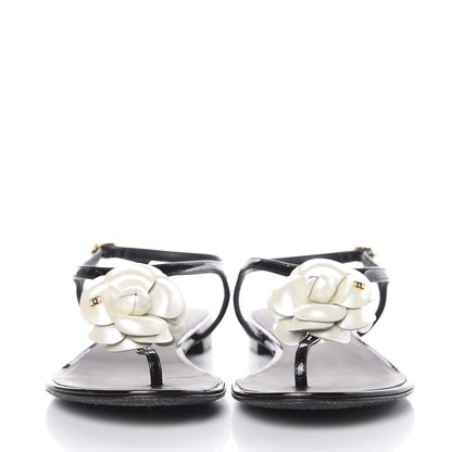 Chanel Patent Camellia Thong Sandals 36.5 Black White 2 of 9