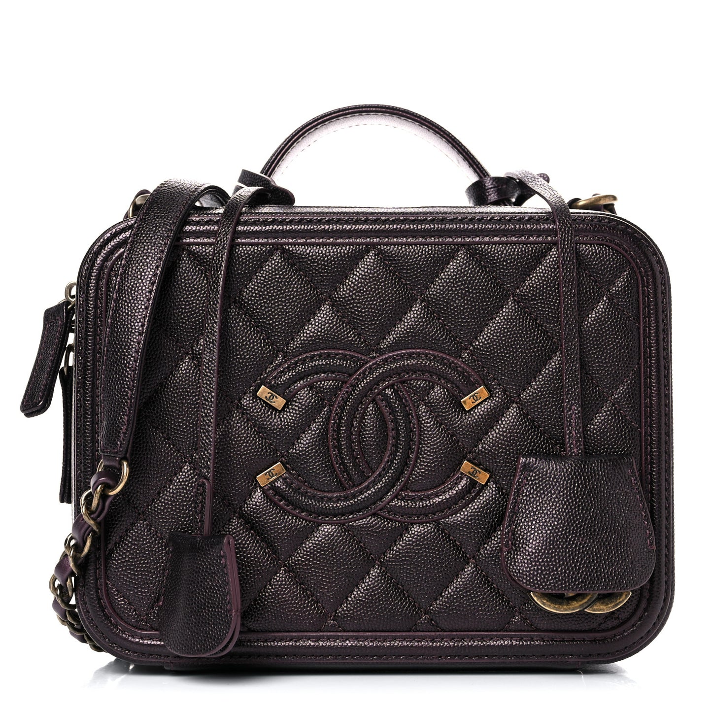 Iridescent Caviar Quilted Medium CC Filigree Vanity Case Burgundy