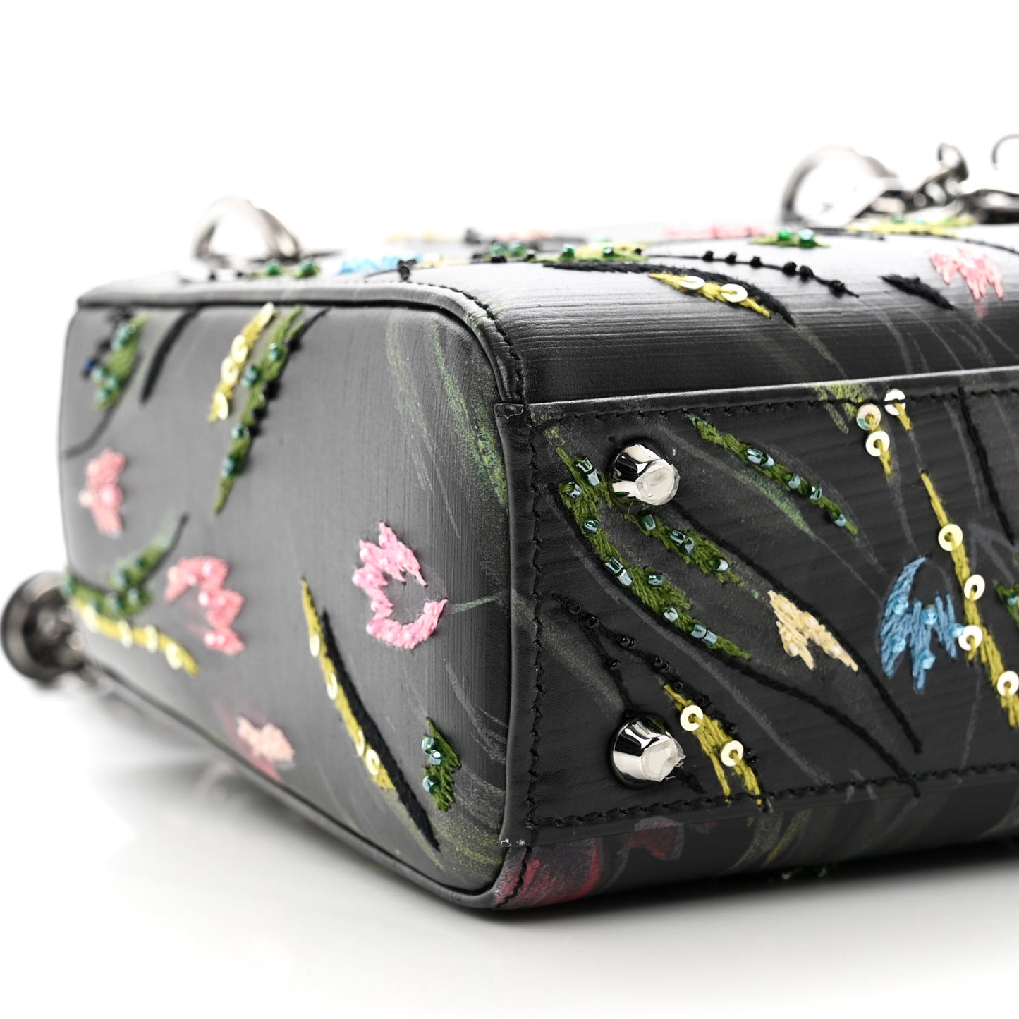 Cowhide Beaded Organza Embroidered Floral Jia Lee Art Mini Lady Dior Black Multicolor