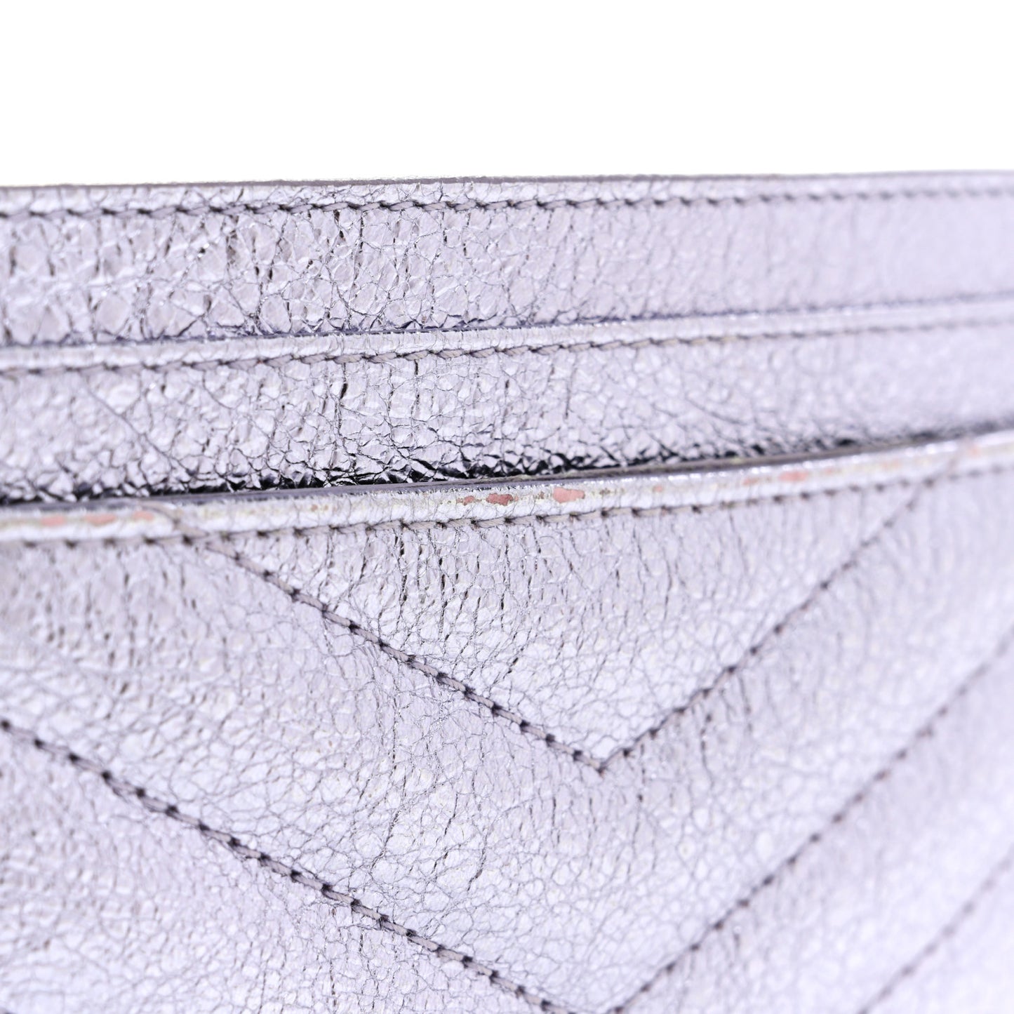 Metallic Crackled Calfskin Matelasse Chevron Monogram Credit Card Case Silver