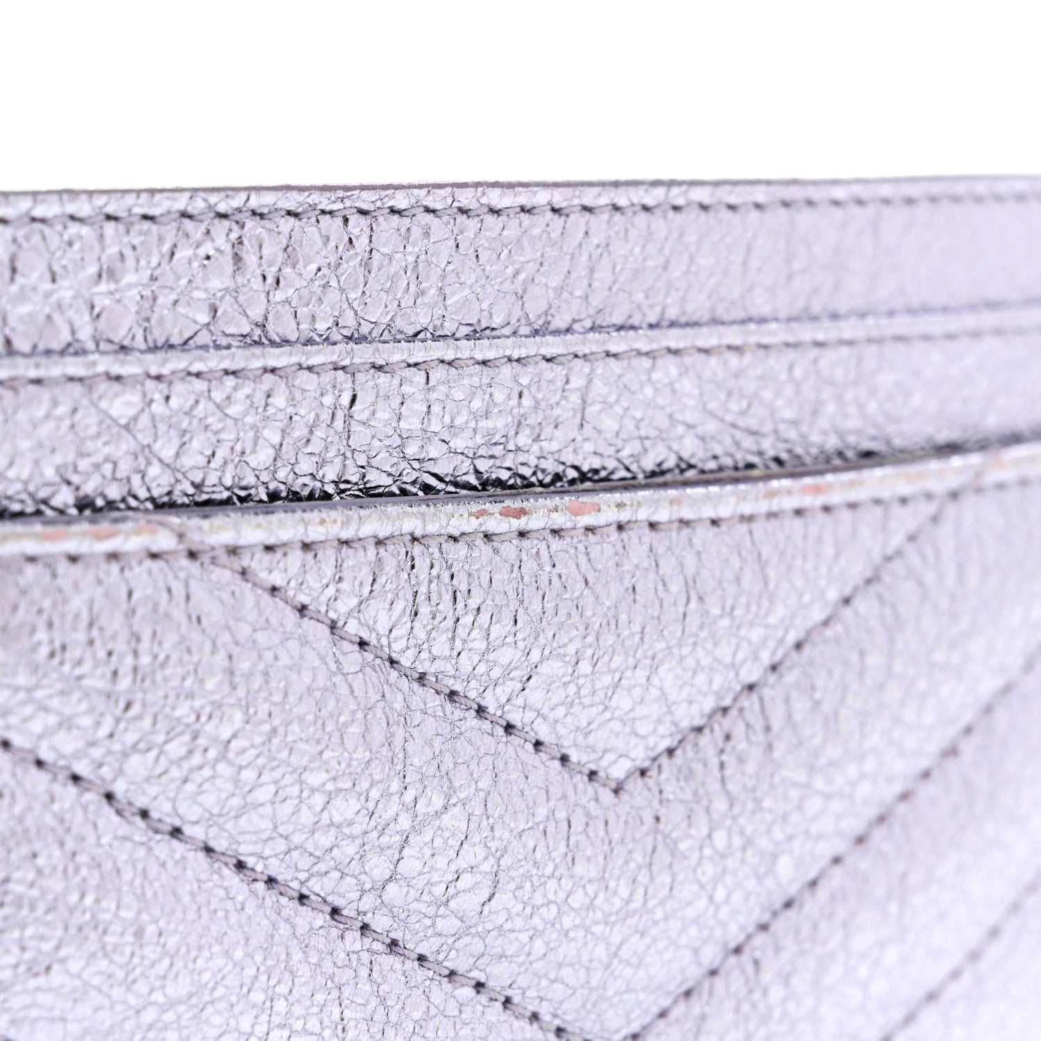 Saint Laurent Metallic Crackled Calfskin Matelasse Chevron Monogram Credit Card Case Silver 8 of 9
