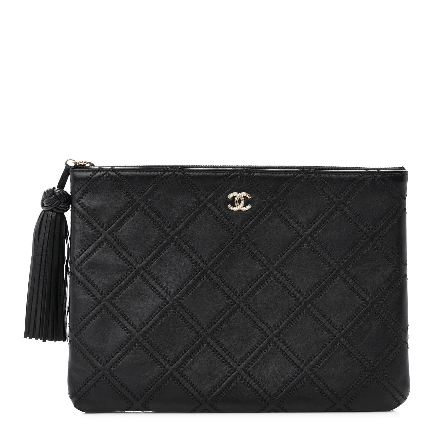 Lambskin Double Stitch Quilted Tassel Cosmetic Case Black
