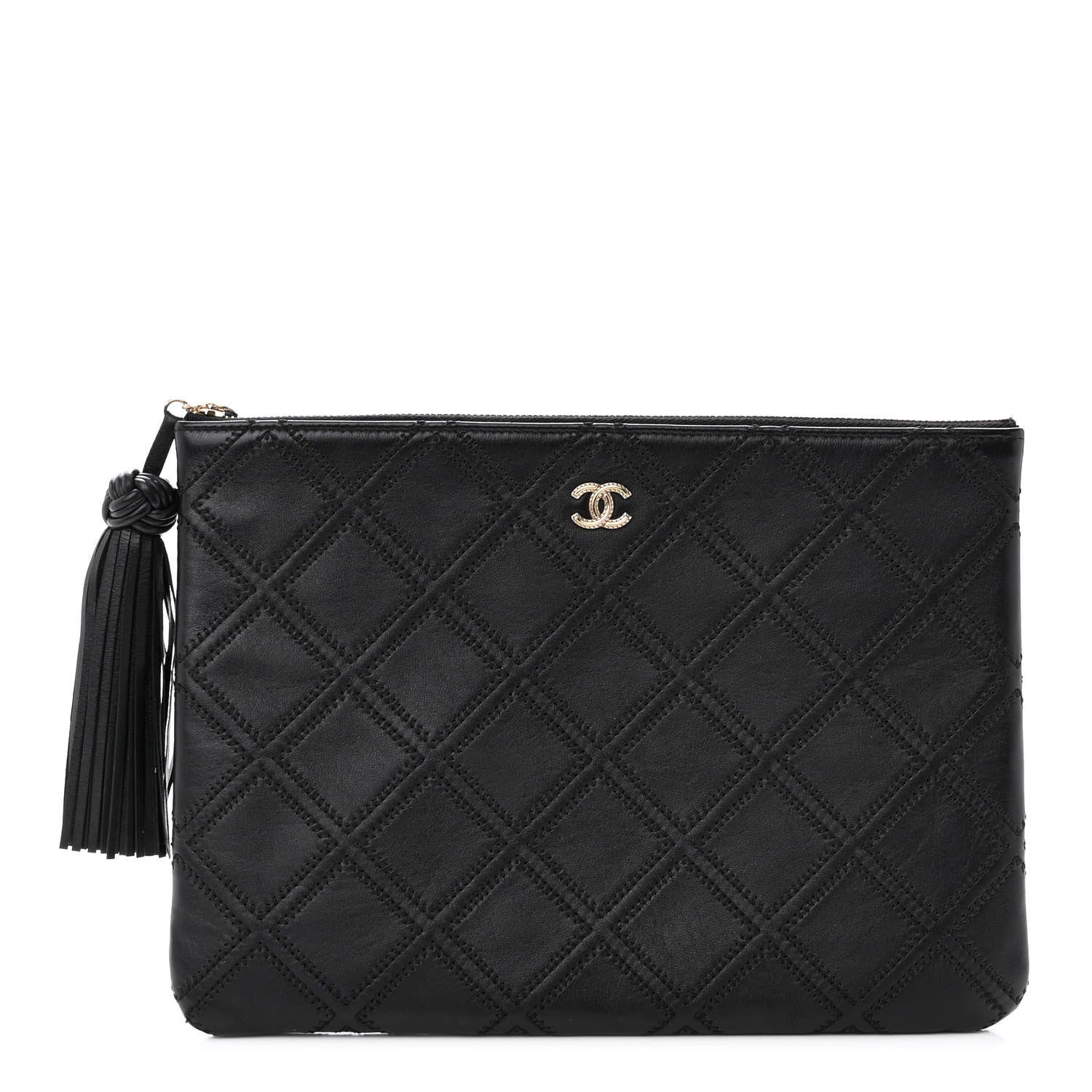 Chanel Lambskin Double Stitch Quilted Tassel Cosmetic Case Black 1 of 8