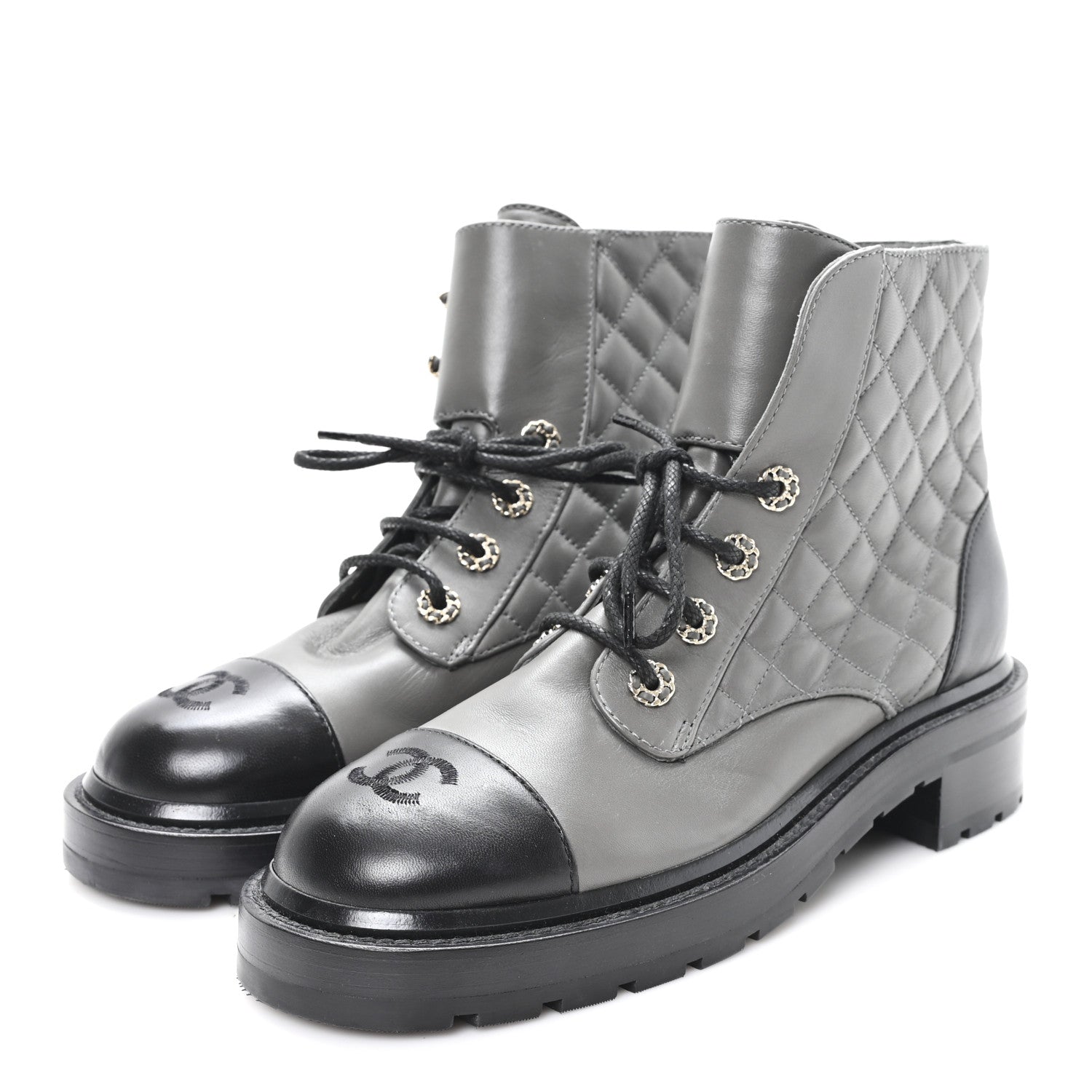 Chanel Shiny Lambskin Quilted Lace Up Combat Boots 39 Grey Black 4 of 9