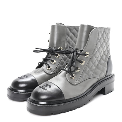 Chanel Shiny Lambskin Quilted Lace Up Combat Boots 39 Grey Black 4 of 9