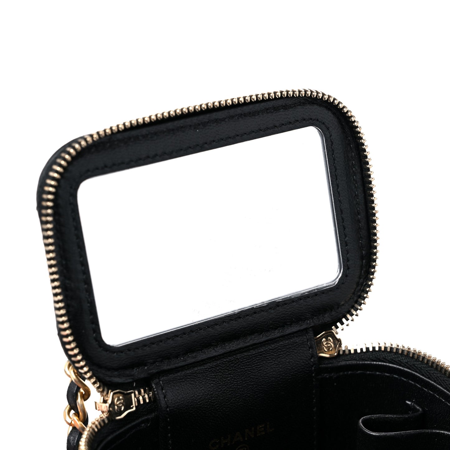 Lambskin Quilted Metal Mini Top Handle Vanity Case With Chain Black