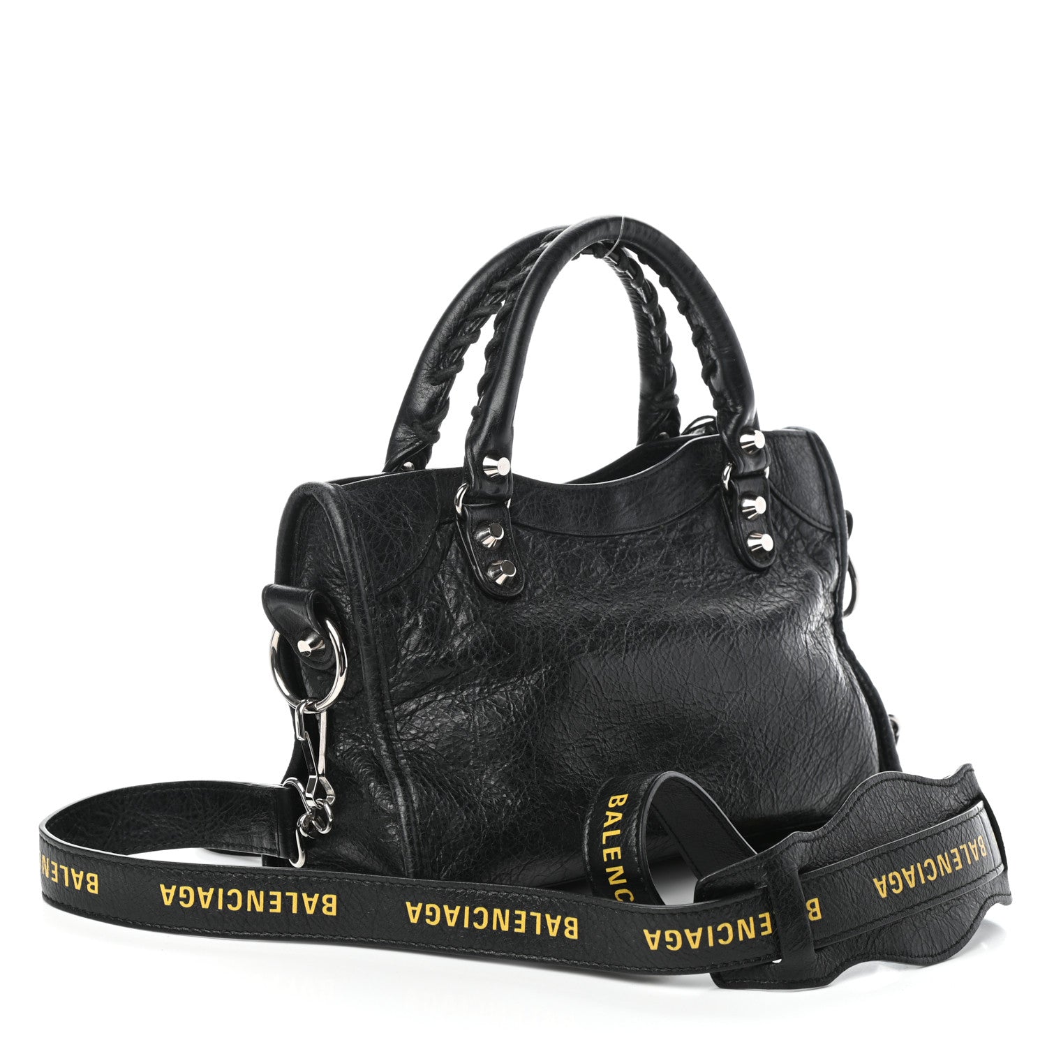 Balenciaga Agneau Classic Silver Hardware Mini City Logo Strap Black Jaune Soleil 3 of 8