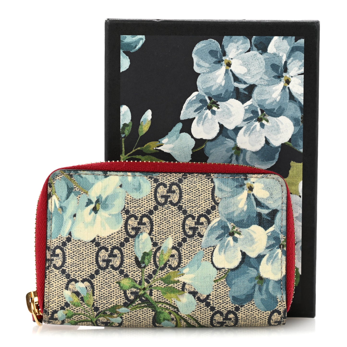 GG Supreme Monogram Blooms Zip Around Card Case Wallet Beige Blue Navy Hibiscus Red Beige Blue Navy Hibiscus Red