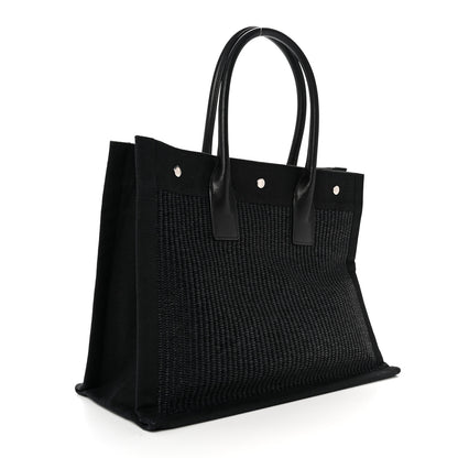 Saint Laurent Raffia Linen Calfskin Small Rive Gauche Tote Black 3 of 14
