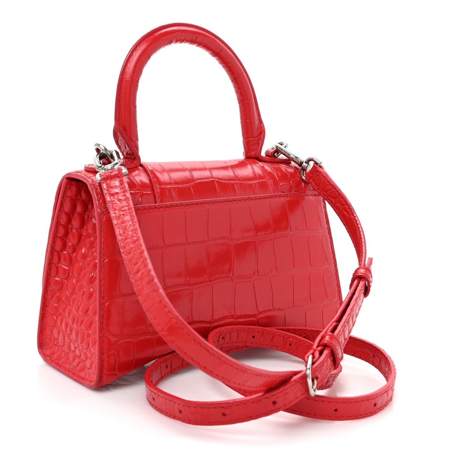 Shiny Calfskin Tonal B Crocodile Embossed Hourglass Top Handle Bag XS Bright Red