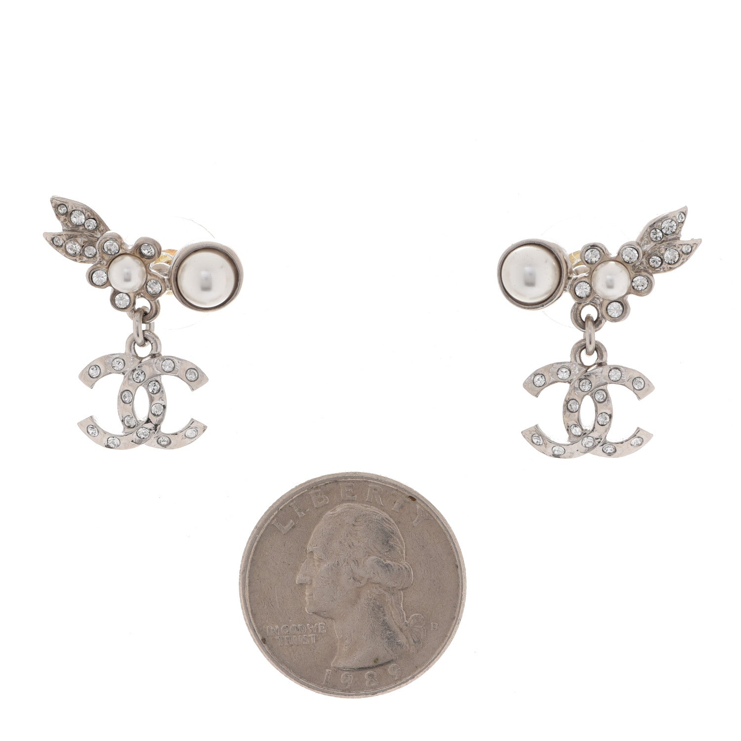 Chanel Crystal Pearl CC Leaf Earrings Silver 2 of 5