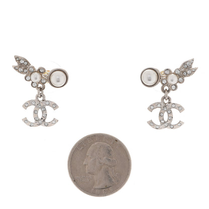 Chanel Crystal Pearl CC Leaf Earrings Silver 2 of 5