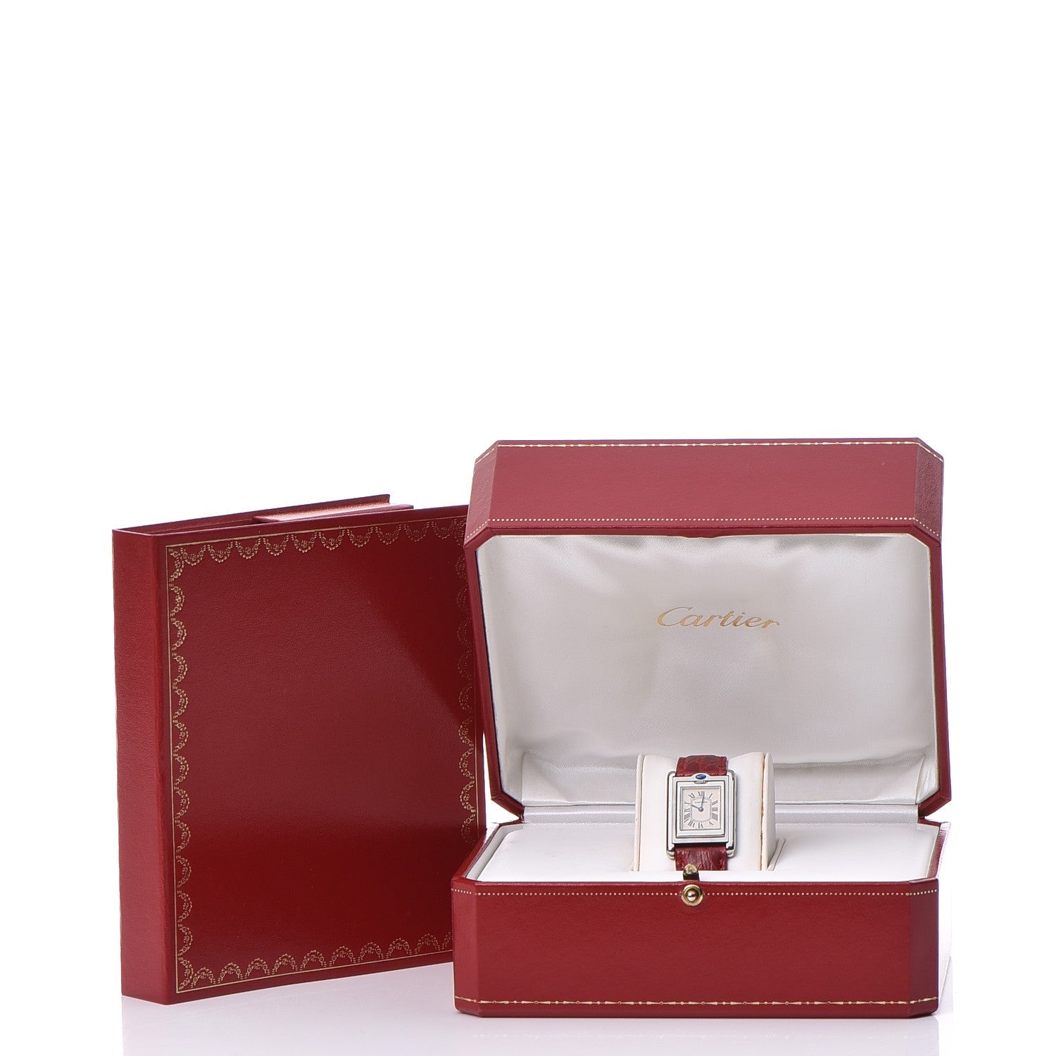 Cartier Stainless Steel Alligator 22mm Tank Basculante Quartz Watch Red 13 of 14