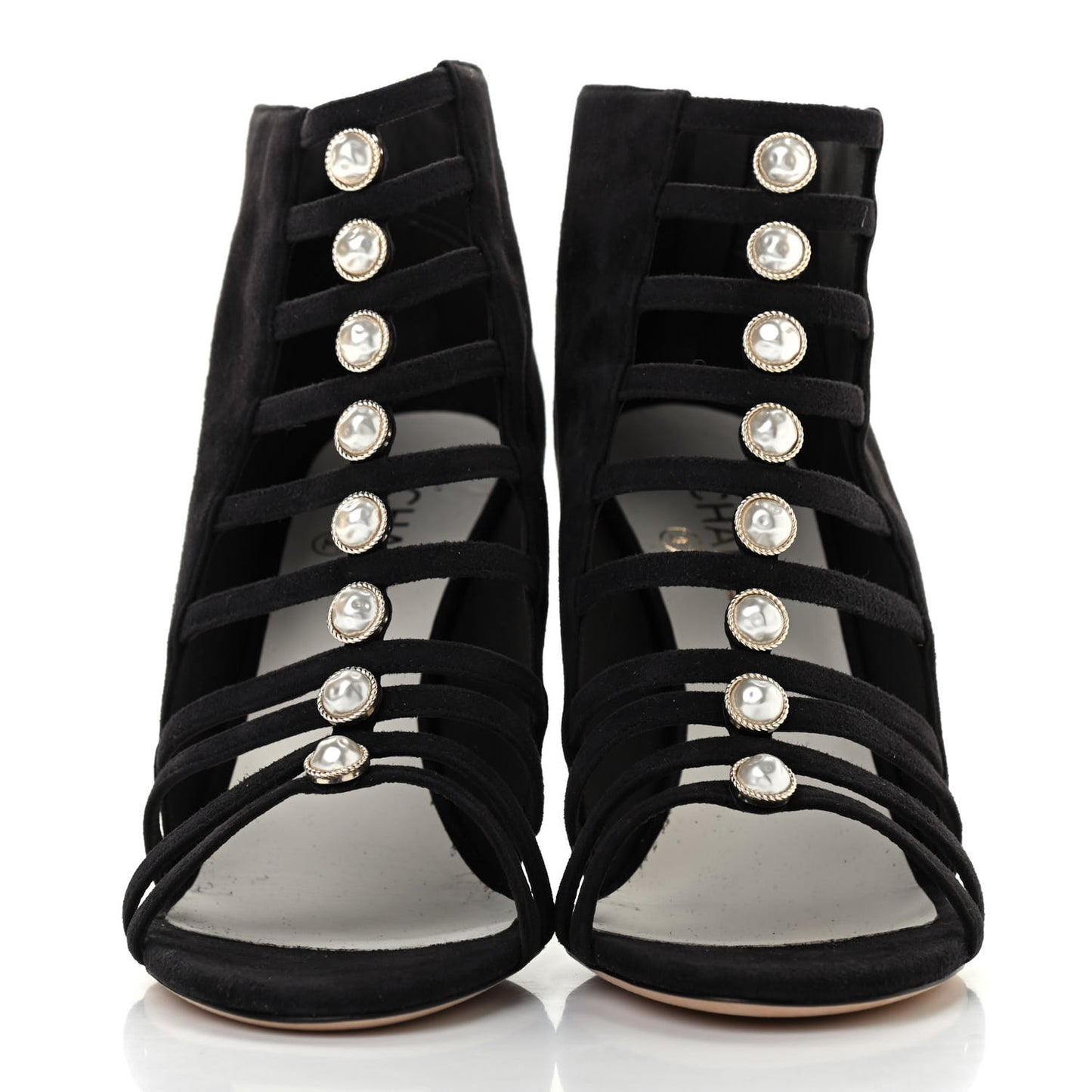 Suede Pearl Open Toe Caged Ankle Boots 39.5 Dark Grey
