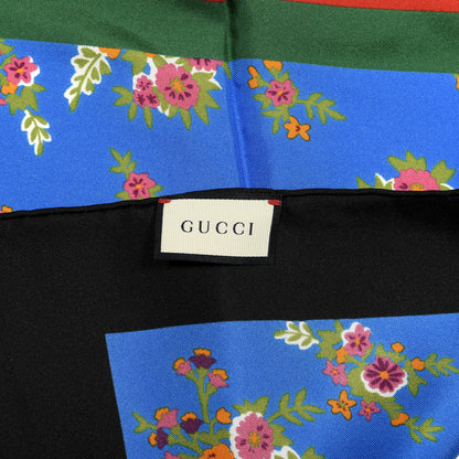 Gucci Silk Floral Print Web Square Scarf Black Blue 4 of 4