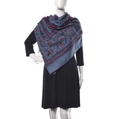 Hermes Cashmere Silk Chasse En Inde Shawl 140 Bleu Chine Violet Blue Jean 2 of 6