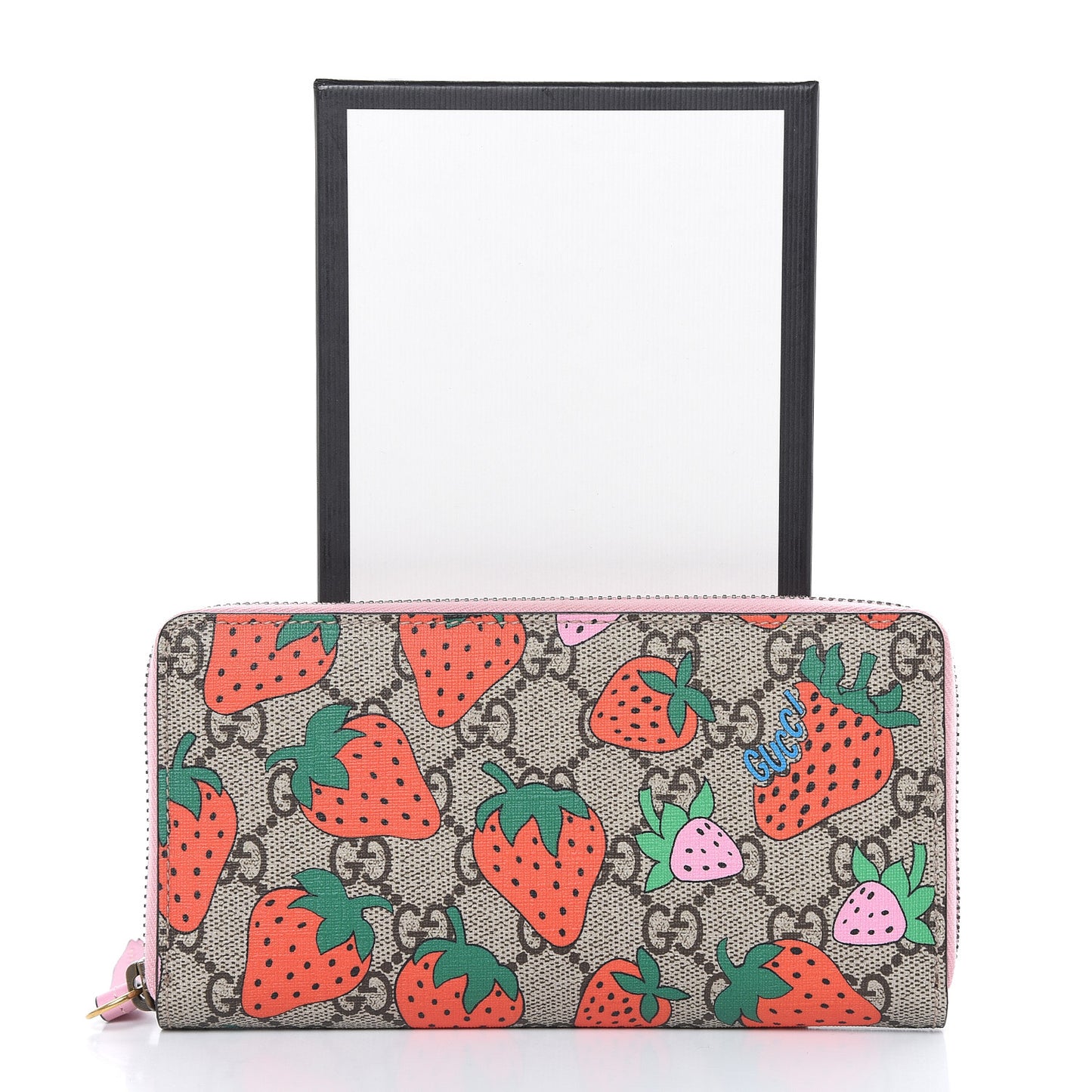 GG Supreme Monogram Strawberry Zip Around Wallet Light Pink