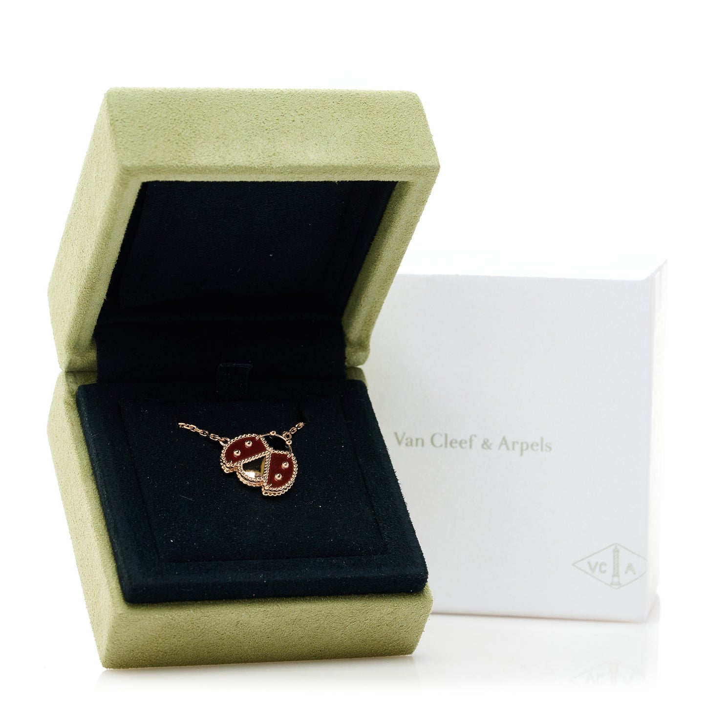 18K Rose Gold Carnelian Black Onyx Lucky Spring Open Wings Lady Bug Pendant Necklace