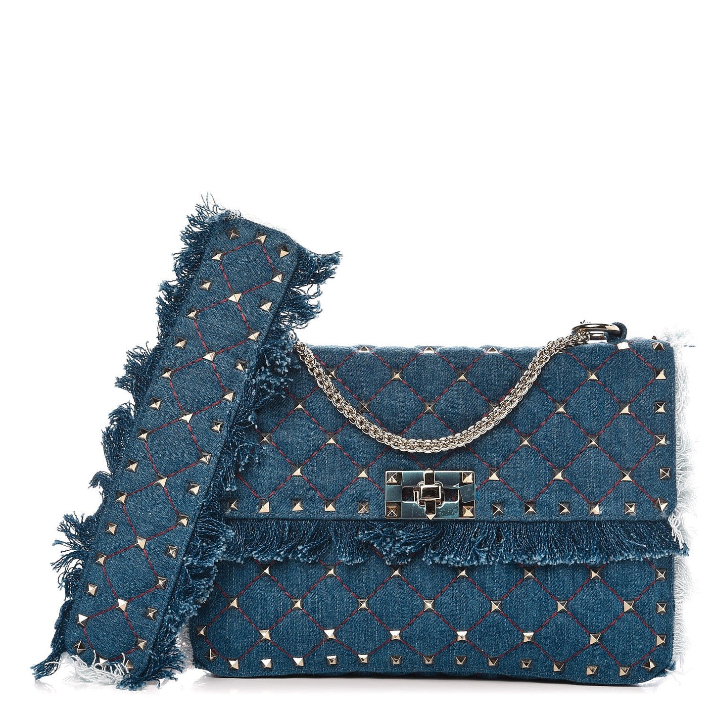 Denim Fringe Medium Rockstud Spike Shoulder Bag Blue