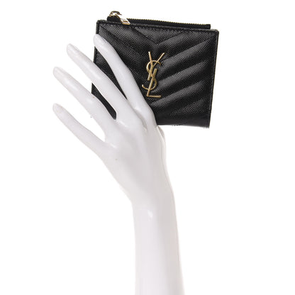 Saint Laurent Grain De Poudre Matelasse Chevron Monogram Zipped Card Case Black 2 of 7