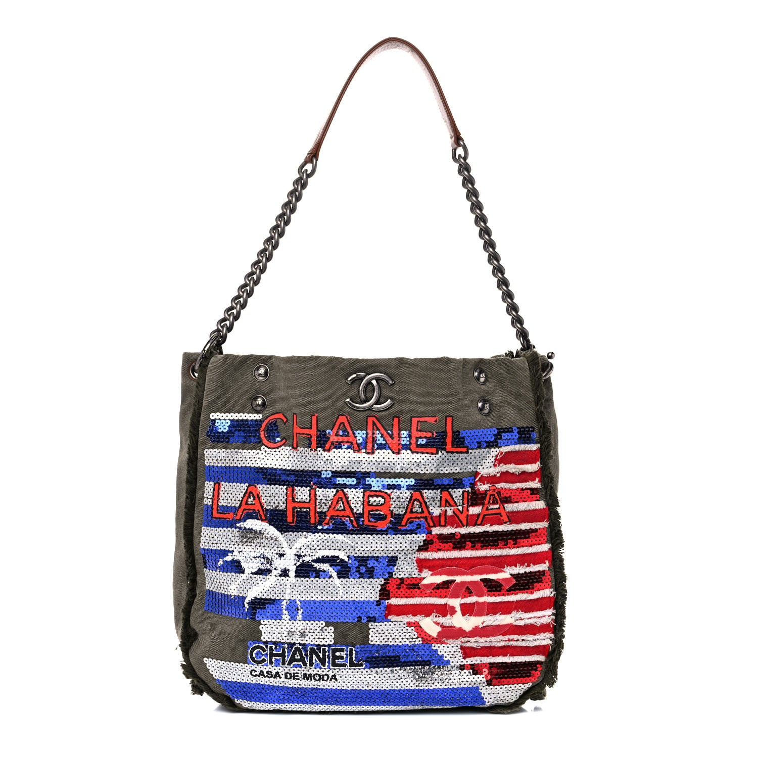 Chanel Canvas Sequins Cubano Trip Hobo Khaki 1 of 13