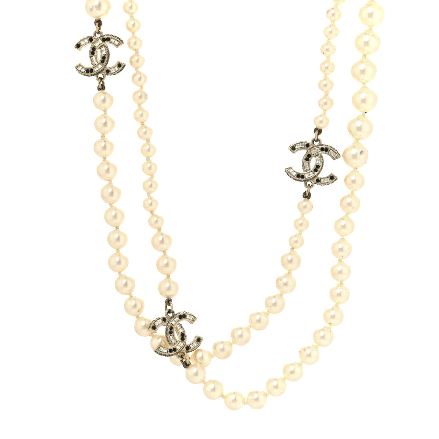 Baguette Crystal Pearl CC Long Necklace Black Gold