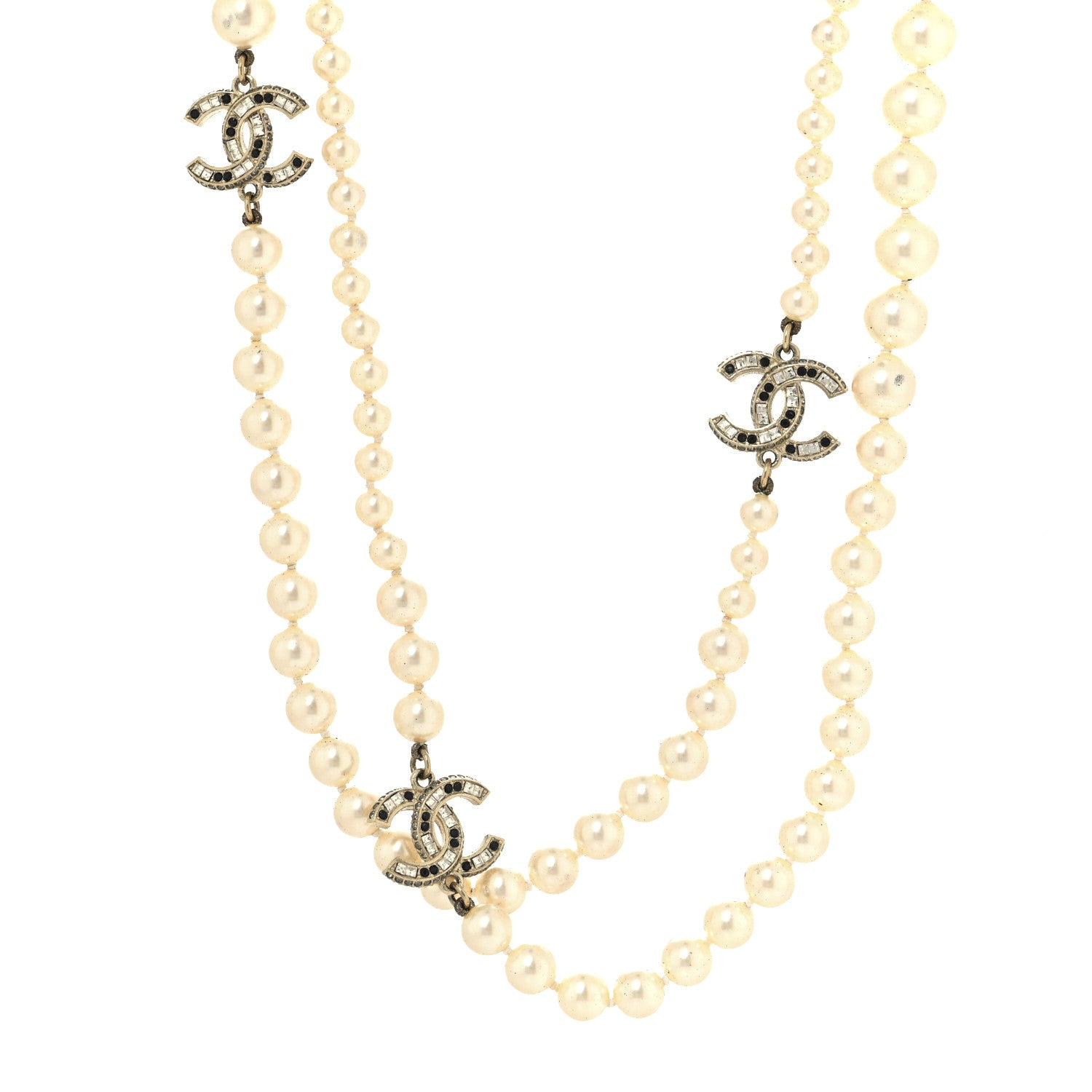 Chanel Baguette Crystal Pearl CC Long Necklace Black Gold 1 of 10