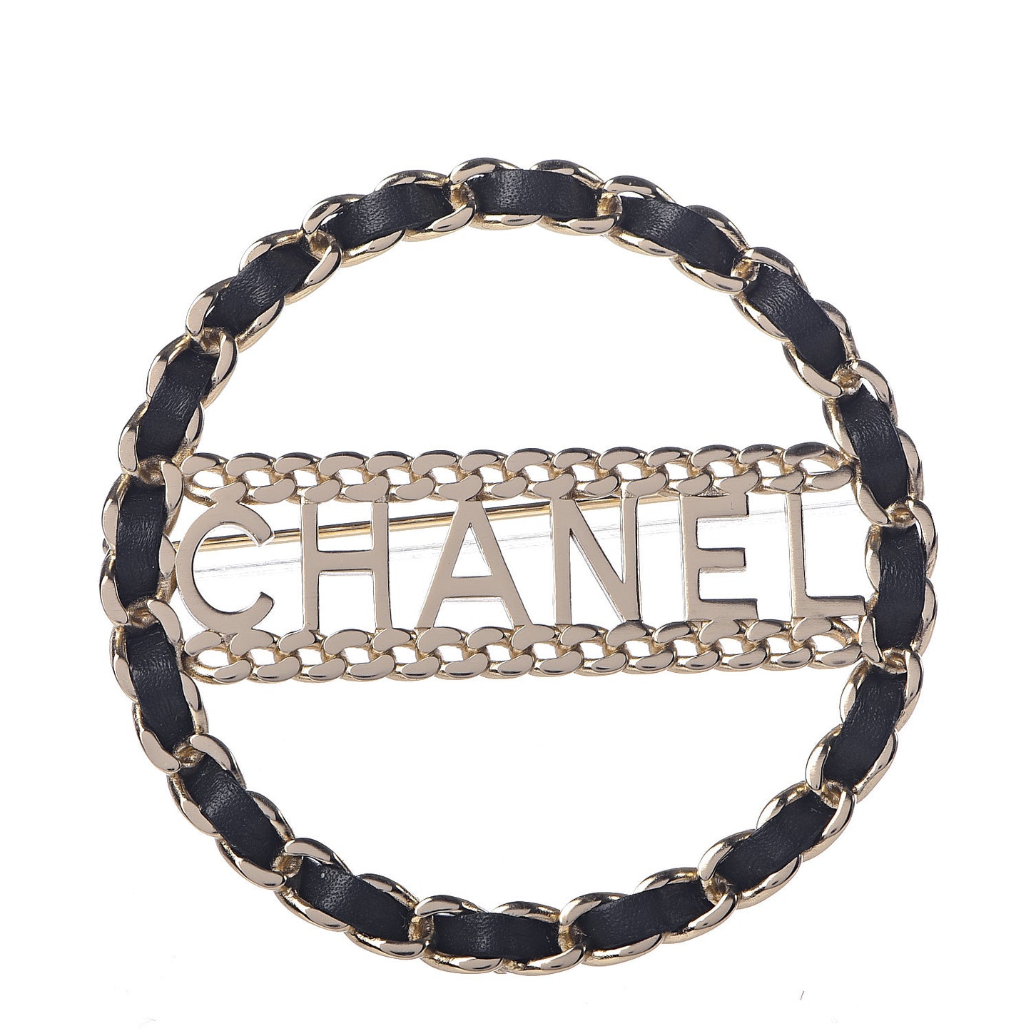 Lambskin Chain Logo Brooch Black Gold