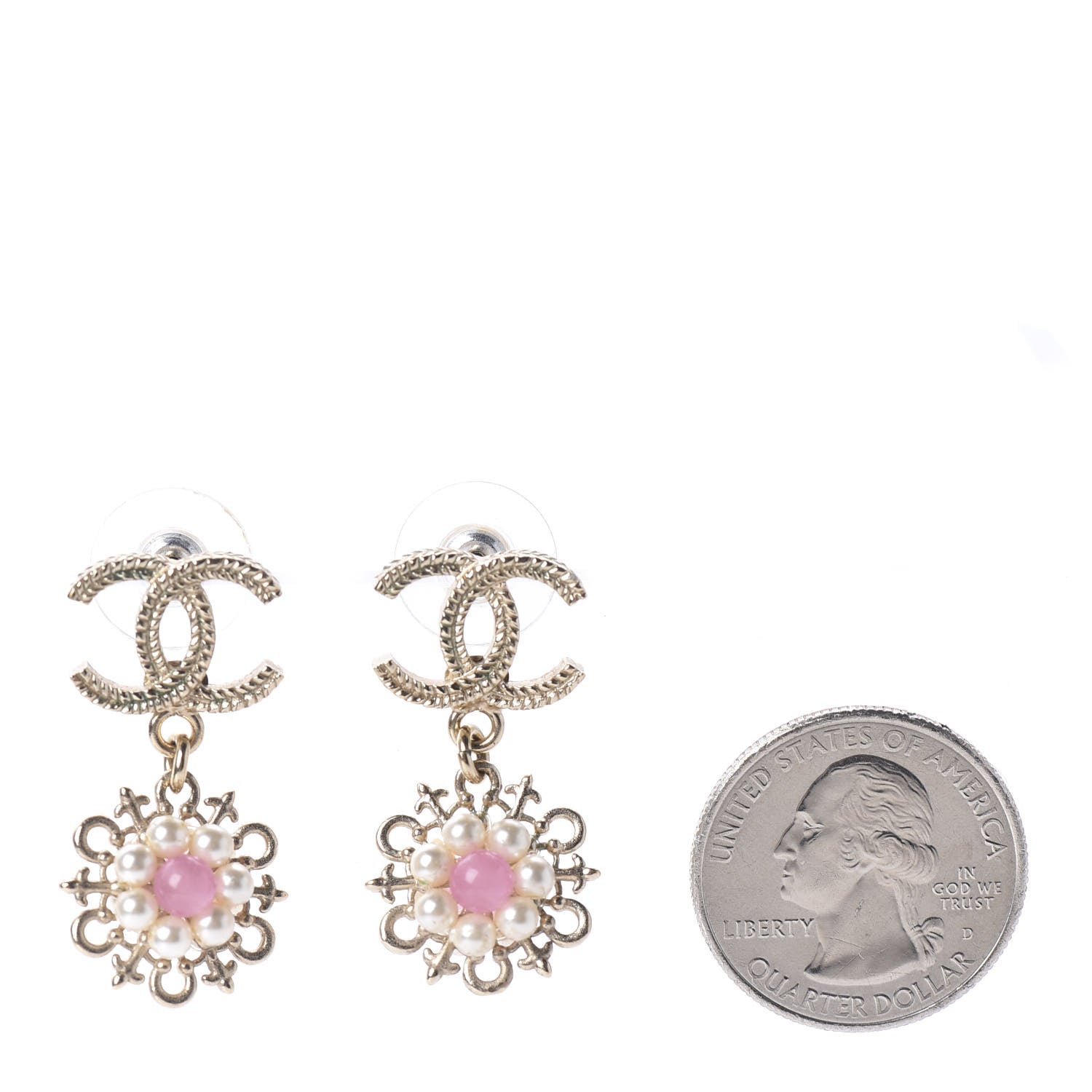 Chanel Pearl Resin CC Flower Drop Earrings Pink Gold 2 of 5