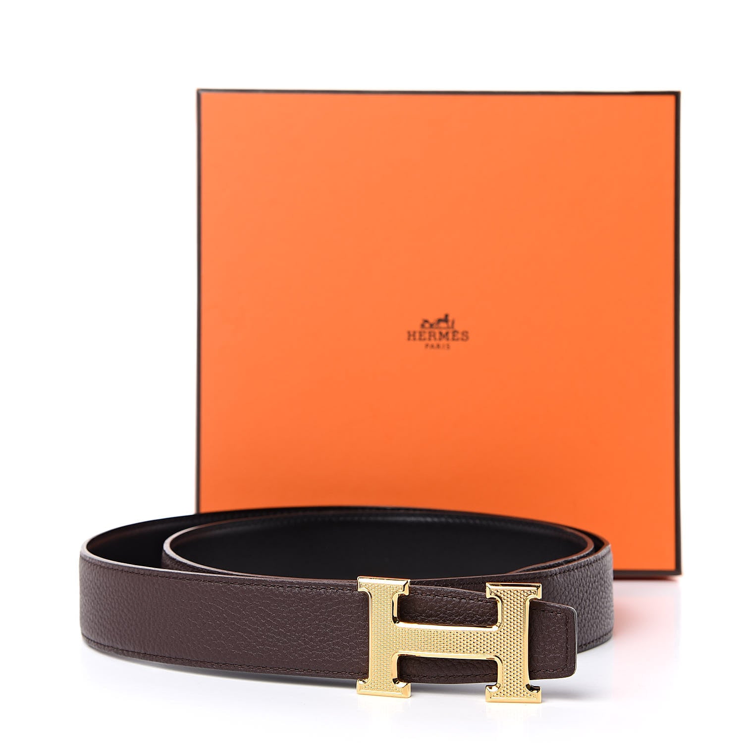 Hermes Box Togo 32mm Guilloche H Belt 95 Black Chocolate 8 of 8